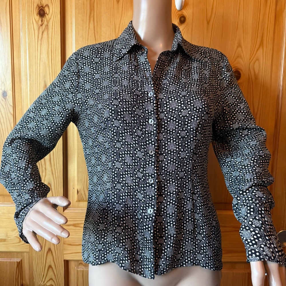 Allison Taylor Petites Blouse 100% Silk Size S P Black White Career Polka Dots